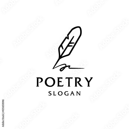 feather quill pen logo with black ink stroke, scratch icon, classic stationery illustration isolated on white background