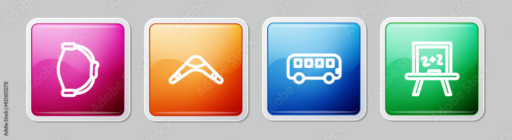 Set line Bow toy, Boomerang, Bus and Chalkboard. Colorful square button. Vector Set line Bow toy, Boomerang, Bus and Chalkboard. Colorful square button. Vector