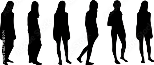 Set of little girls standing and wearing dress, in various poses, cartoon character, people, business, group, vector silhouette, flat design icon, black color, isolated on white background 