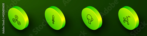 Set Isometric line Fidget spinner, Sword toy, Racket and ball and Baby stroller icon. Vector