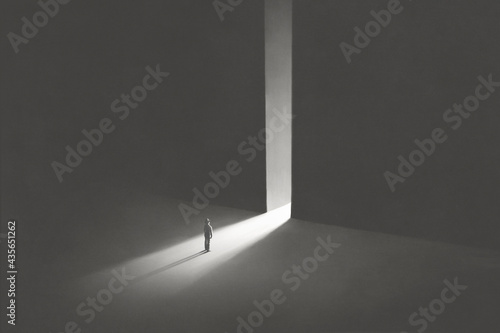 illustration of man entering in an open light door, surreal abstract concept