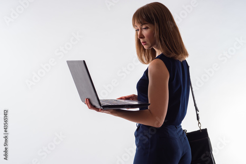 Woman laptop white backgrou...