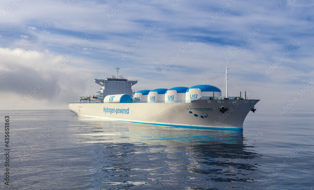 Liqiud Hydrogen renewable energy in vessel - LH2 hydrogen gas for clean sea transportation on ship with composite cryotank for cryogenic gases