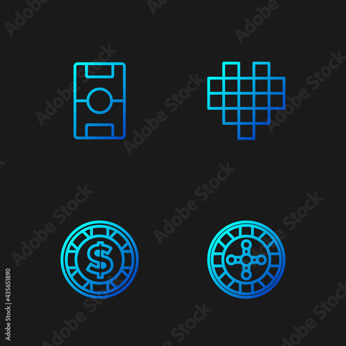 Set line Casino roulette wheel, chip with dollar, Hockey table and Pixel hearts for game. Gradient color icons. Vector