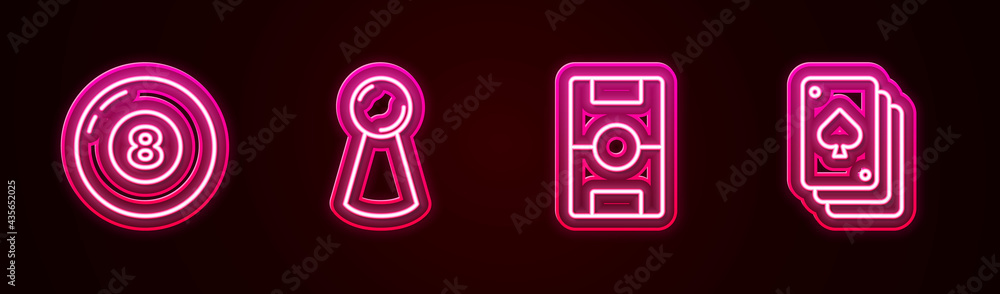 Set line Billiard pool snooker ball, Chip for board game, Hockey table and Playing cards. Glowing neon icon. Vector Set line Billiard pool snooker ball, Chip for board game, Hockey table and Playing cards. Glowing neon icon. Vector