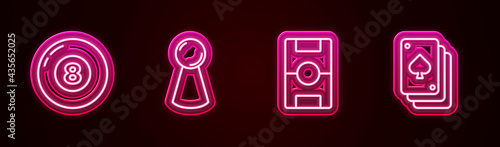Set line Billiard pool snooker ball, Chip for board game, Hockey table and Playing cards. Glowing neon icon. Vector