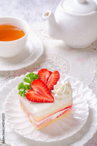 Wallpaper Mural Homemade Strawberry Shortcake with Strawberry Sauce Filling on White Dish and Hot Tea Serve. Torontodigital.ca