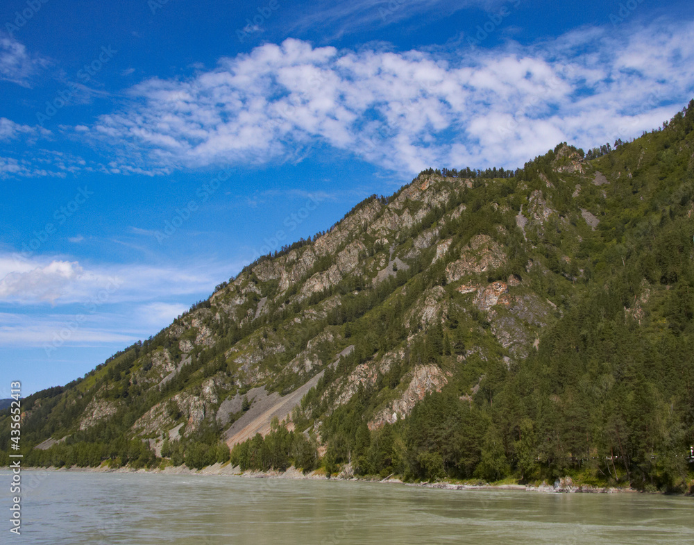 Beautiful views from the mountain to the Katun River in the Altai Mountains Russia Beautiful views from the mountain to the Katun River in the Altai Mountains Russia