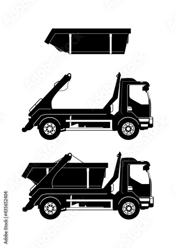 Silhouette of a cantilever skip truck. Side view of loaded and empty truck and skip separately. Flat vector. photo