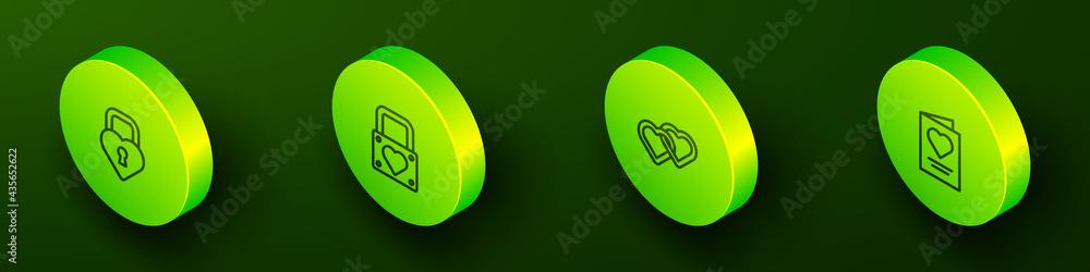 Set Isometric line Castle in the shape of heart, Lock and, Two Linked Hearts and Greeting card icon. Vector Set Isometric line Castle in the shape of heart, Lock and, Two Linked Hearts and Greeting card icon. Vector