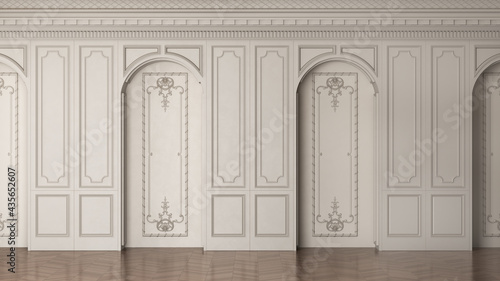 3D render of a classic interior wall decorated in warm color with parquet and arched openings. 3d illustration