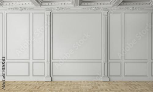 3D render of a classic interior wall decorated in white color with parquet. 3d illustration
