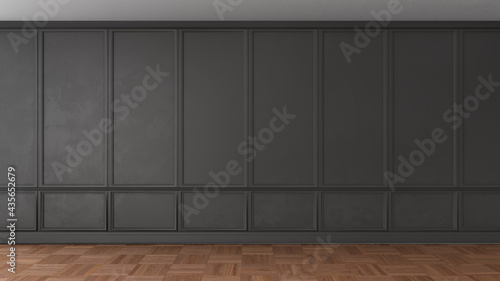 3D render of a classic interior decorated in black color and parquet. 3d illustration