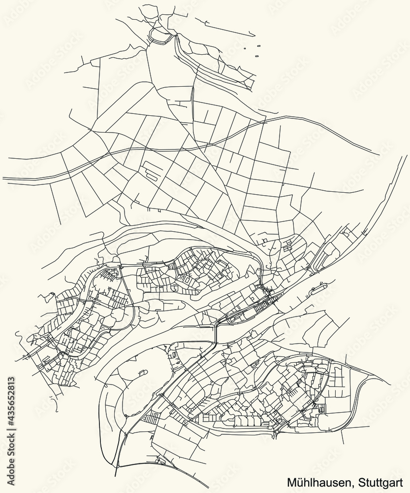 Black simple detailed street roads map on vintage beige background of the quarter Stadtbezirk Mühlhausen district of Stuttgart, Germany