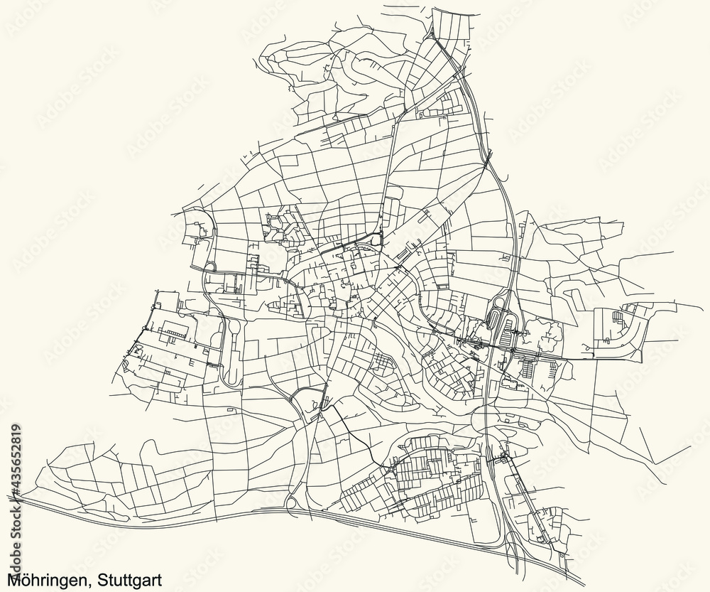 Black simple detailed street roads map on vintage beige background of the quarter Stadtbezirk Möhringen district of Stuttgart, Germany