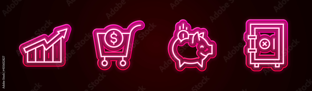 Set line Financial growth increase, Shopping cart and dollar, Piggy bank with coin and Safe. Glowing neon icon. Vector Set line Financial growth increase, Shopping cart and dollar, Piggy bank with coin and Safe. Glowing neon icon. Vector