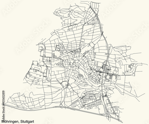 Black simple detailed street roads map on vintage beige background of the quarter Stadtbezirk Möhringen district of Stuttgart, Germany