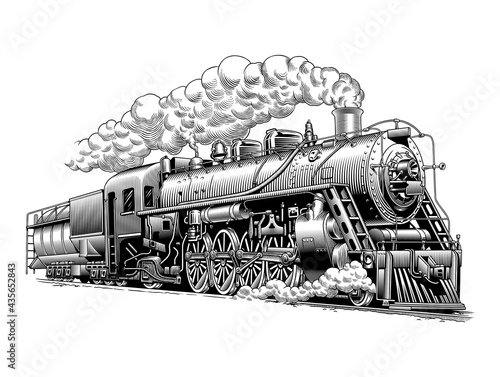 Vintage steam train locomotive, engraving style vector illustration