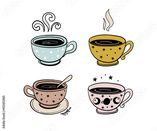 Tea time, a mug of tea, a cup of coffee. Set of illustration for cafe, herbal potion, color hand drawing isolated on white background. Vector illustration.
