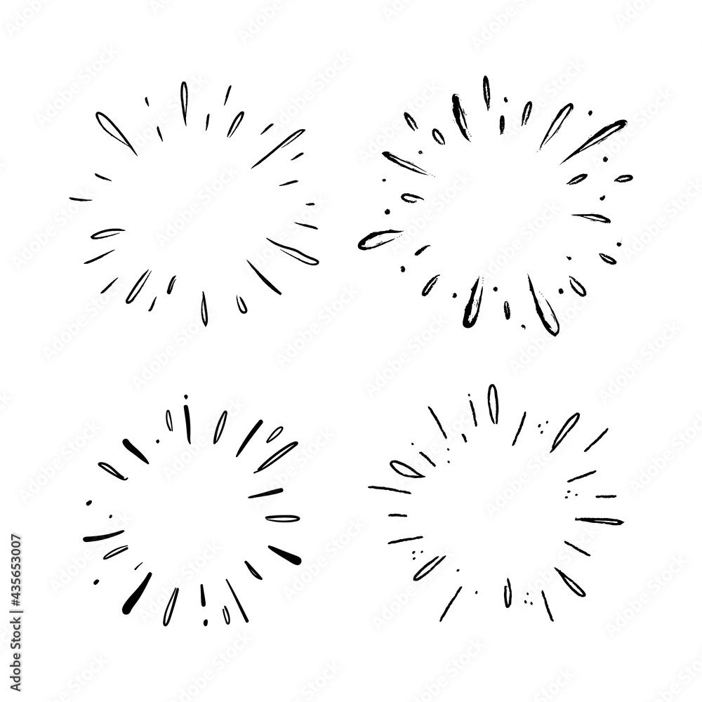 Fototapeta premium Star burst hand drawn doodles. Sunburst graphic design set. Handmade radial starburst illustrations.