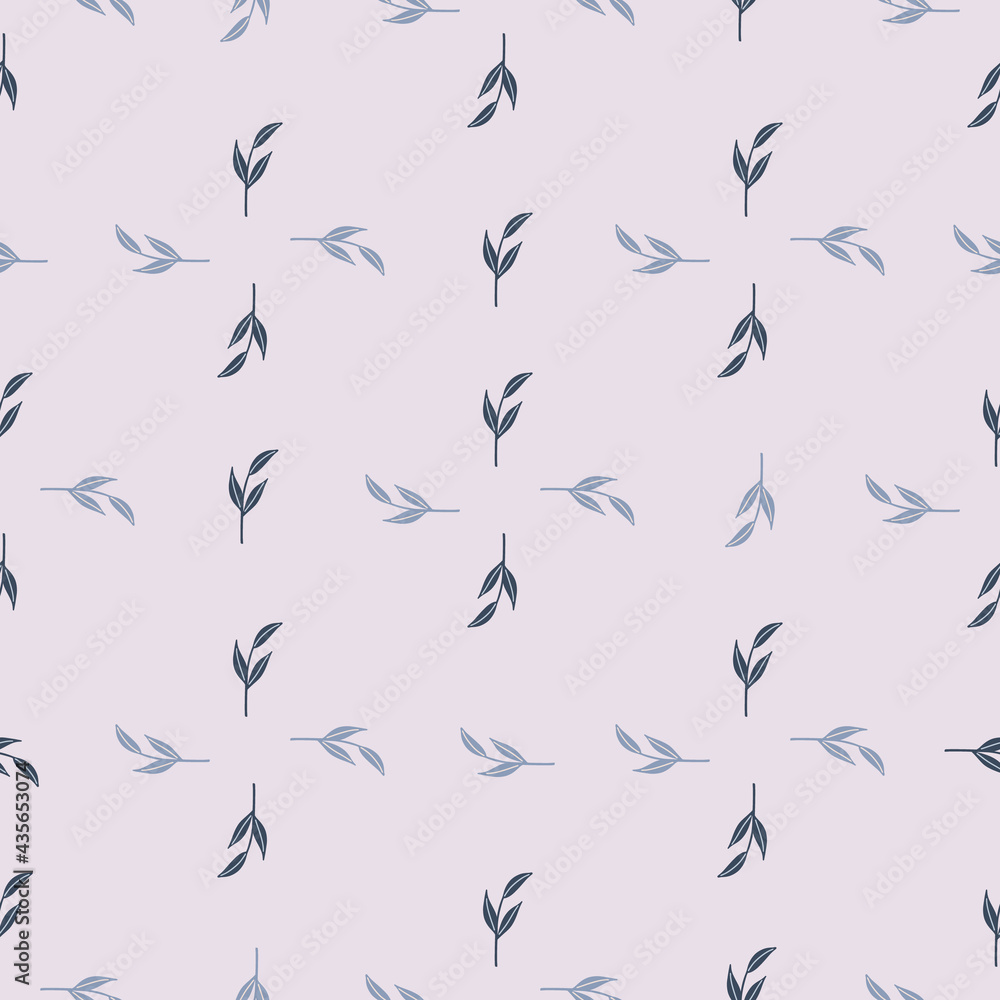 Seamless pattern in geometric style with doodle simple leaf branches shapes. Grey background. Floral print.