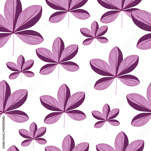 Isolated nature seamless bloom pattern with random purple scheffler flowers ornament. White background.