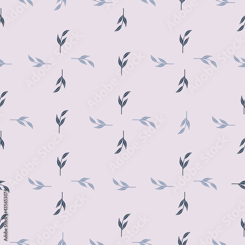 Seamless pattern in geometric style with doodle simple leaf branches shapes. Grey background. Floral print.