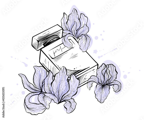 Perfume bottles with iris flowers around, color vector