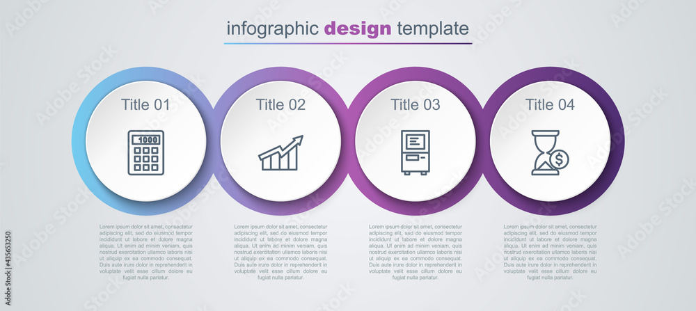 Set line Calculator, Financial growth increase, ATM and Hourglass with dollar. Business infographic template. Vector Set line Calculator, Financial growth increase, ATM and Hourglass with dollar. Business infographic template. Vector