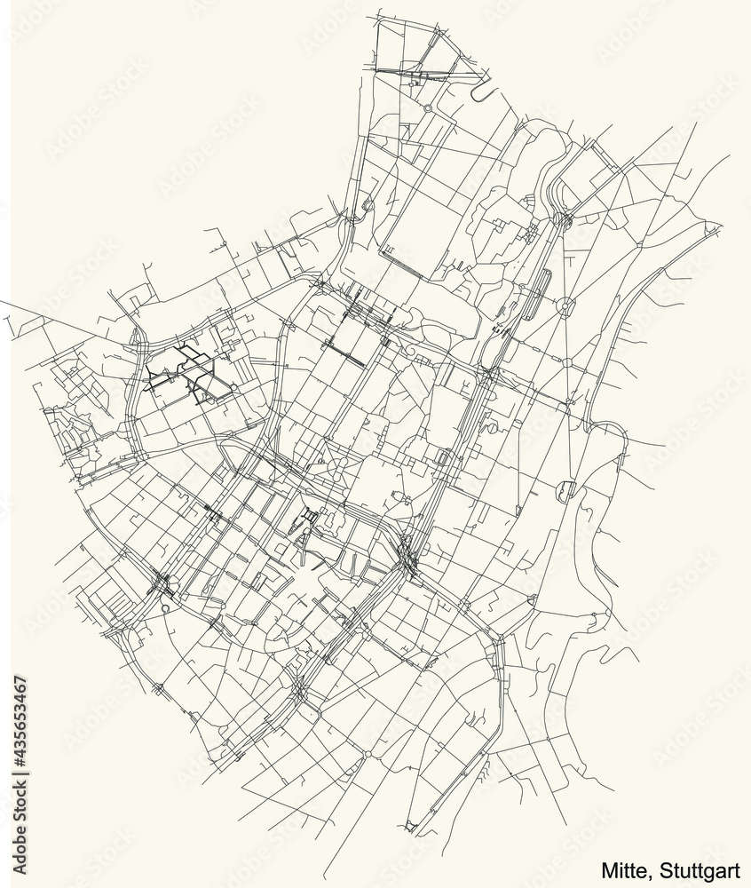 Black simple detailed street roads map on vintage beige background of the quarter Stadtbezirk Mitte district of Stuttgart, Germany
