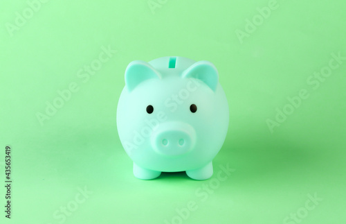 Piiggy bank close-up on a green pastel background. Minimalism