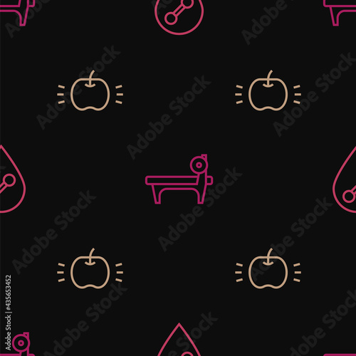 Set line Location gym, Apple and Bench with barbel on seamless pattern. Vector