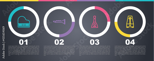 Set line Grand piano, Clarinet, Balalaika and Metronome with pendulum. Business infographic template. Vector