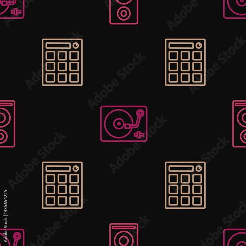 Set line Stereo speaker, Drum machine and Vinyl player with vinyl disk on seamless pattern. Vector