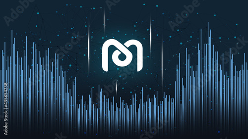 Mdex MDX token symbol of the DeFi project on dark polygonal background with wave of lines. Cryptocurrency coin logo icon. Decentralized finance programs. Vector illustration.