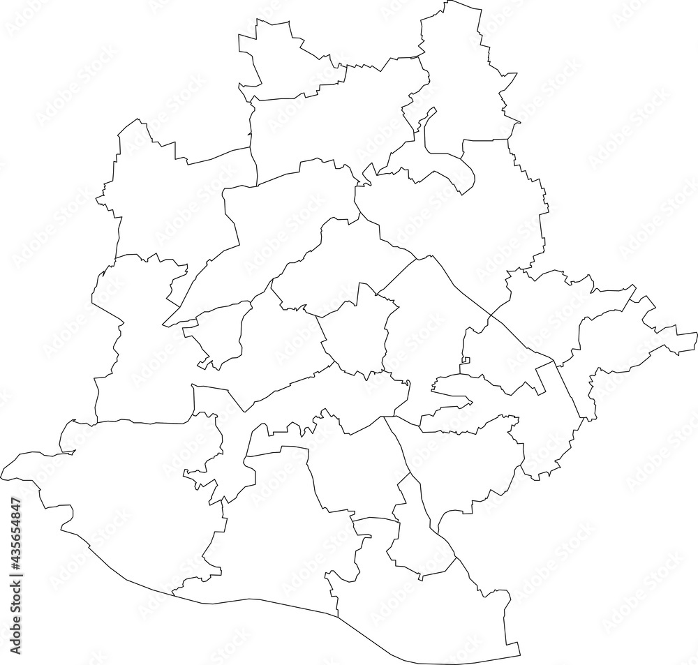 Simple blank white vector map with black borders of districts of Stuttgart, Germany