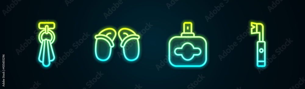 Set line Towel on a hanger, Flip flops, Perfume and Electric toothbrush. Glowing neon icon. Vector