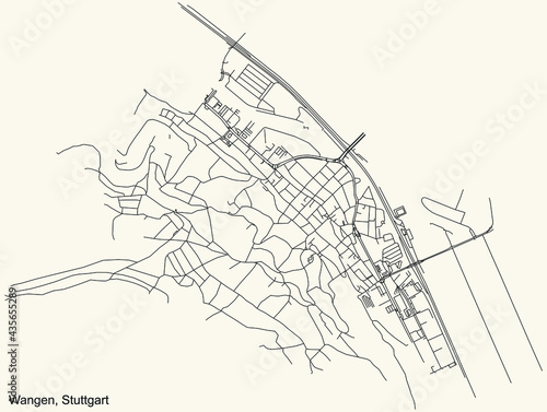 Black simple detailed street roads map on vintage beige background of the quarter Stadtbezirk Wangen district of Stuttgart, Germany