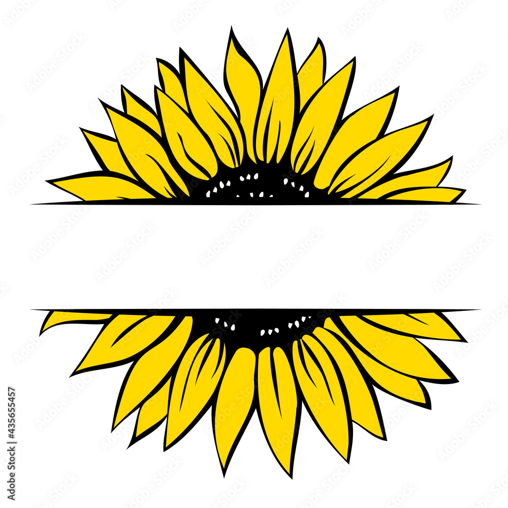 Sunflower monogram template, split sunflower, hand drawn vector