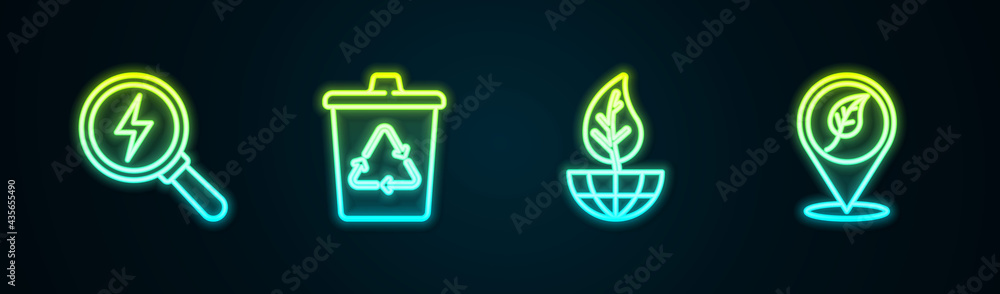 Set line Lightning bolt, Recycle bin with recycle, Earth globe and leaf and Location. Glowing neon icon. Vector Set line Lightning bolt, Recycle bin with recycle, Earth globe and leaf and Location. Glowing neon icon. Vector