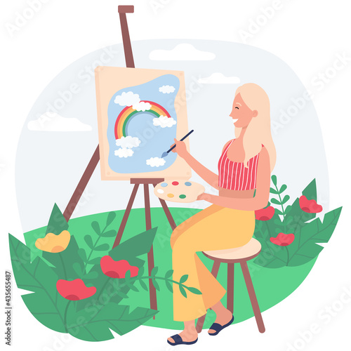 Plein art concept. Female artist drawing in open air outdoors. Woman painting the sky and rainbow on canva.  Flat vector illustration on a white background.