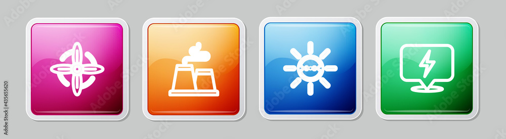 Set line Wind turbine, Factory, Solar energy panel and Lightning bolt. Colorful square button. Vector Set line Wind turbine, Factory, Solar energy panel and Lightning bolt. Colorful square button. Vector
