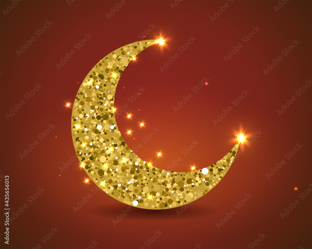 Luxury half moon gold glittering confetti particles . Moon vector icon