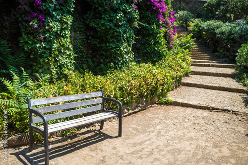 Canvas Print A bench in a flowery park