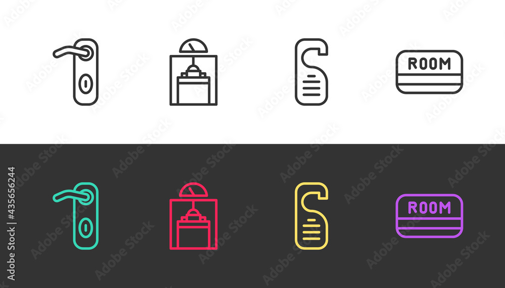 Set line Door handle, Lift, Please do not disturb and Hotel key card on black and white. Vector Set line Door handle, Lift, Please do not disturb and Hotel key card on black and white. Vector