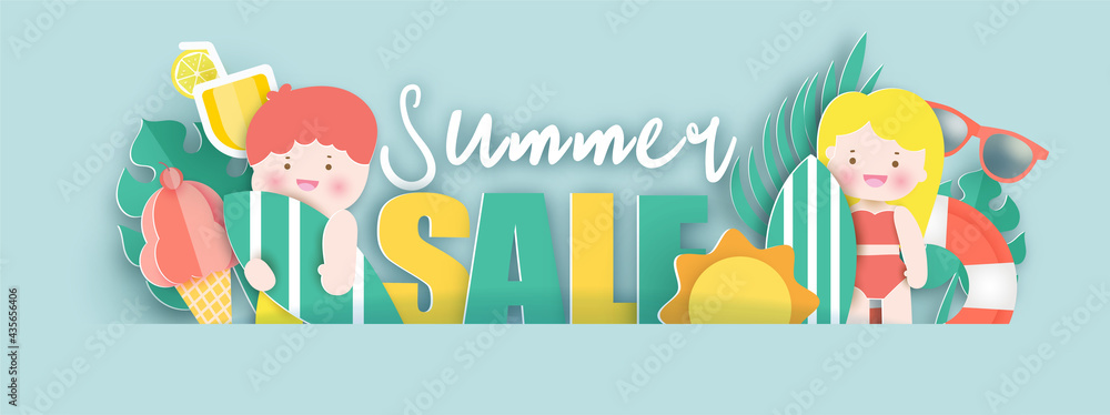 Summer sale banner with summer elements in paper cut style
