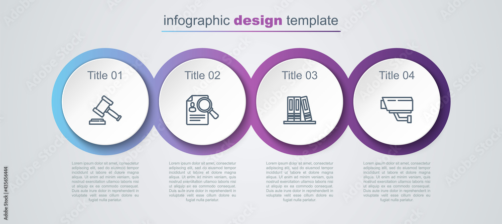 Set line Judge gavel, Paper analysis magnifying, Office folders and Security camera. Business infographic template. Vector Set line Judge gavel, Paper analysis magnifying, Office folders and Security camera. Business infographic template. Vector
