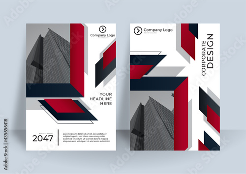 Brochure blue red cover design layout set for business and construction. Abstract geometry whith colored cityscape vector illustration on background. Good for annual report, industrial catalog design.