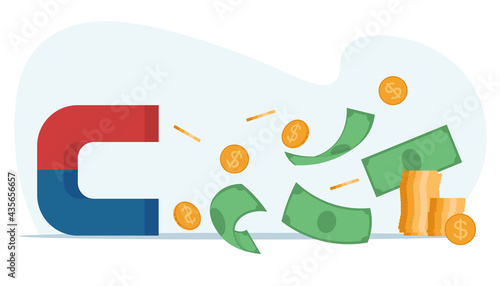 Attracting money, magnetic coins concept, Business concept of investment, crowdfunding, Flat vector illustration