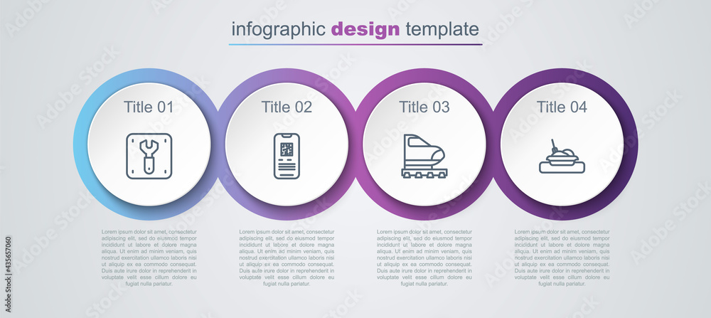 Set line Repair of railway, E-ticket train, High-speed and Plate with food. Business infographic template. Vector Set line Repair of railway, E-ticket train, High-speed and Plate with food. Business infographic template. Vector